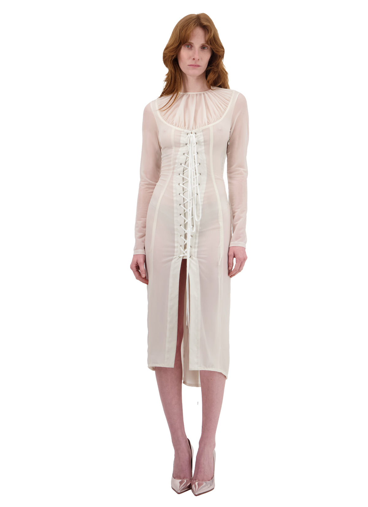 LONG CORSET DRESS WITH TRANSPARENT COLLAR